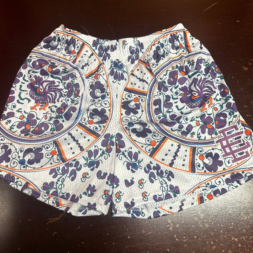 Eric Emanuel Mens White Purple Floral Elastic Waist Athletic Shorts Size XL